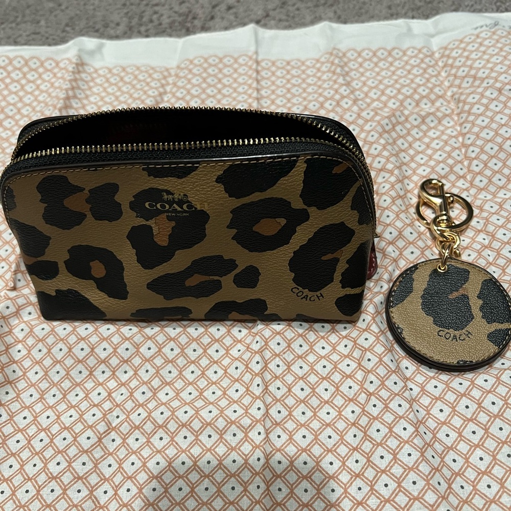 COACH Leopard Print Cosmetic Pouch with Coin Keyring - Brown/Black